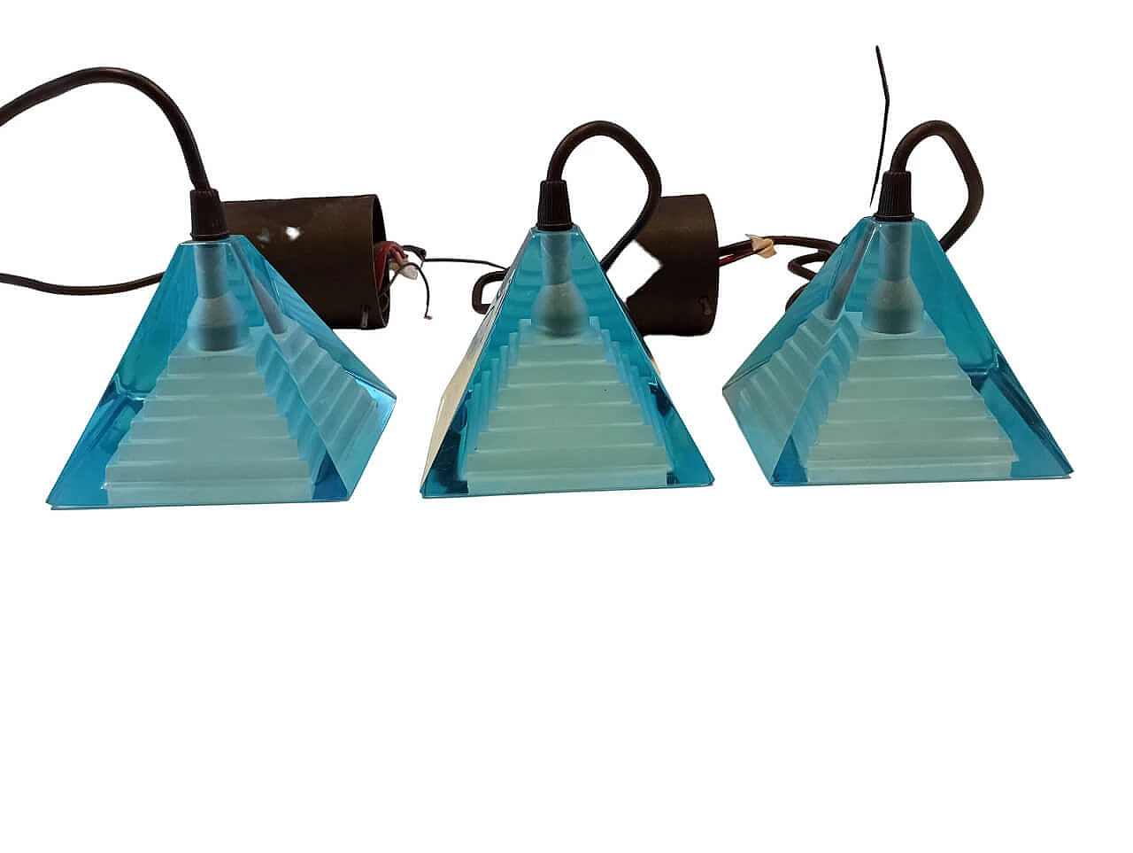 3 Blue Pyramid pendant lamps by Paolo Piva for Mazzega, 1980s 8