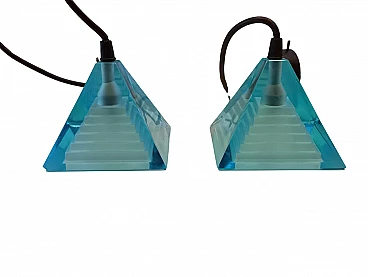 Pair of blue Pyramid ceiling lamps by Paolo Piva for Mazzega, 1980s