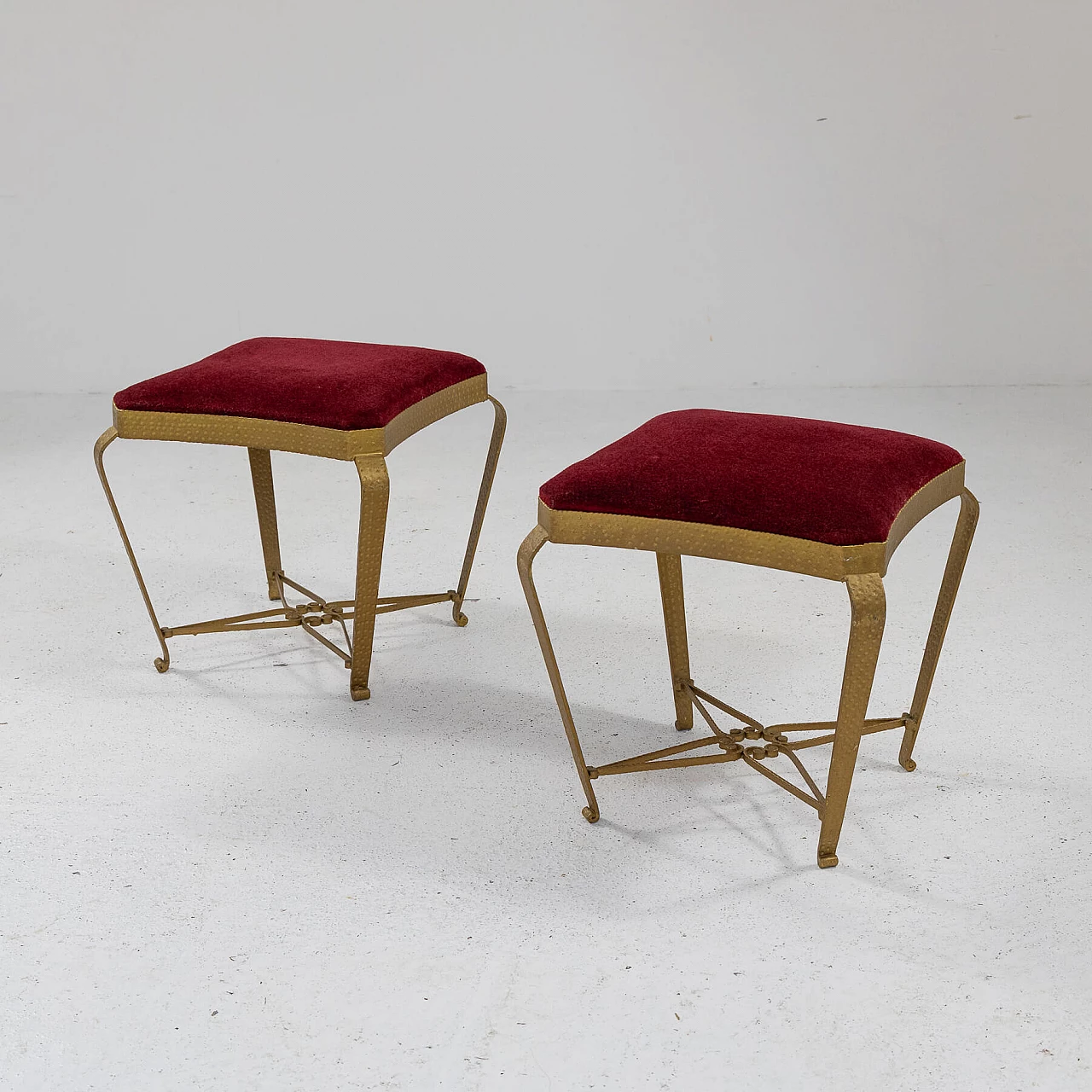 Pair of gilded metal and red velvet poufs by Pier Luigi Colli, 1950s 1