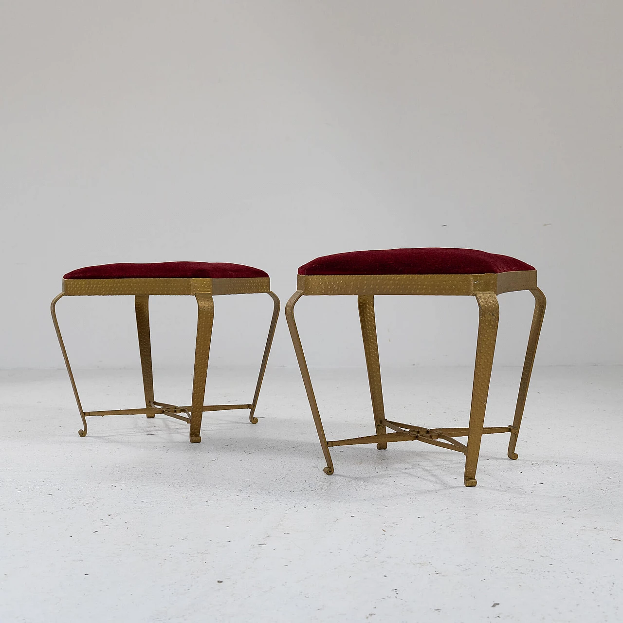 Pair of gilded metal and red velvet poufs by Pier Luigi Colli, 1950s 2