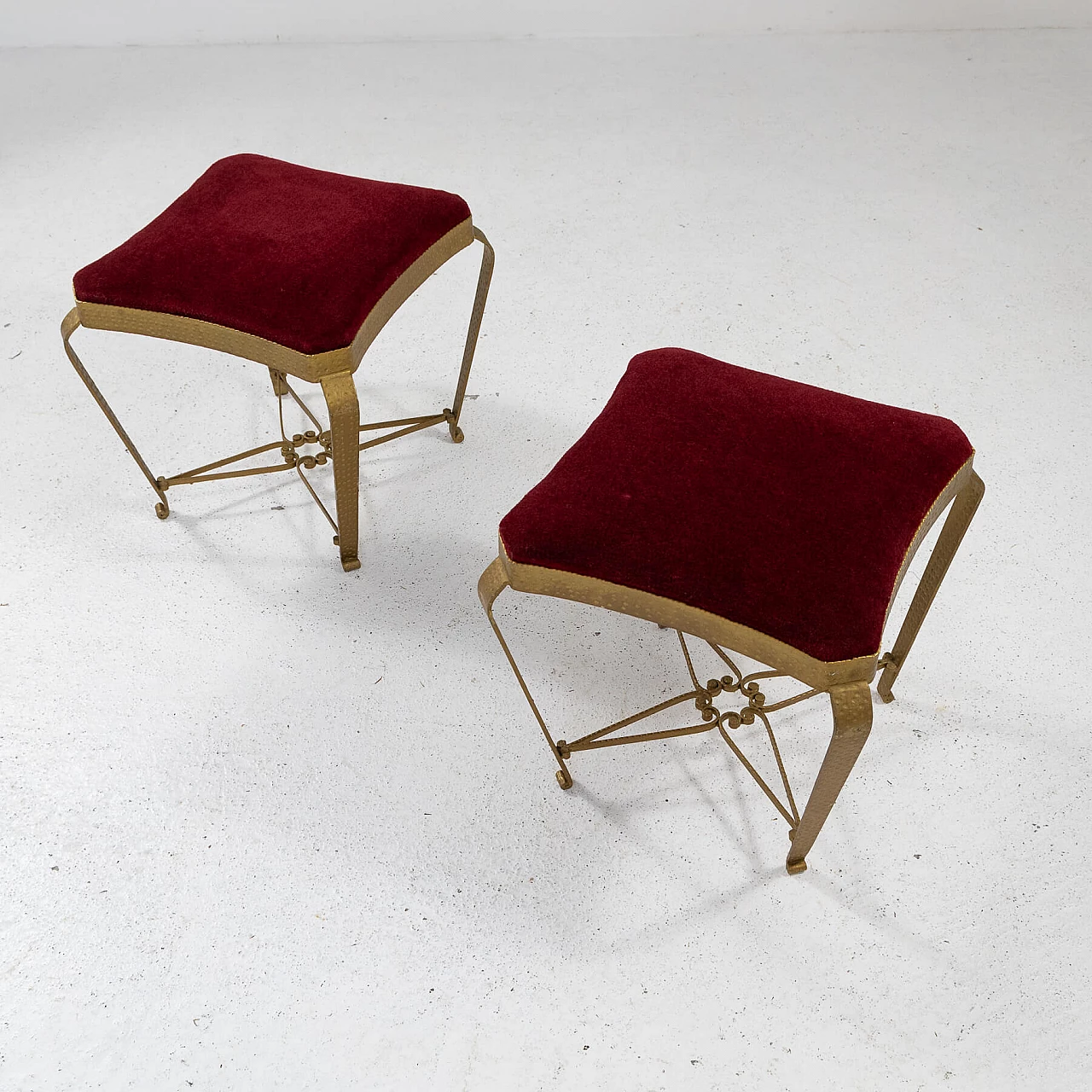 Pair of gilded metal and red velvet poufs by Pier Luigi Colli, 1950s 3