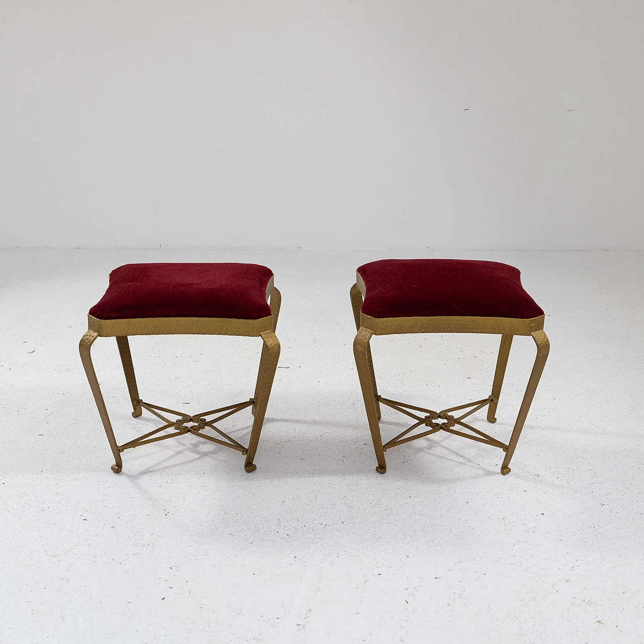 Pair of gilded metal and red velvet poufs by Pier Luigi Colli, 1950s 5
