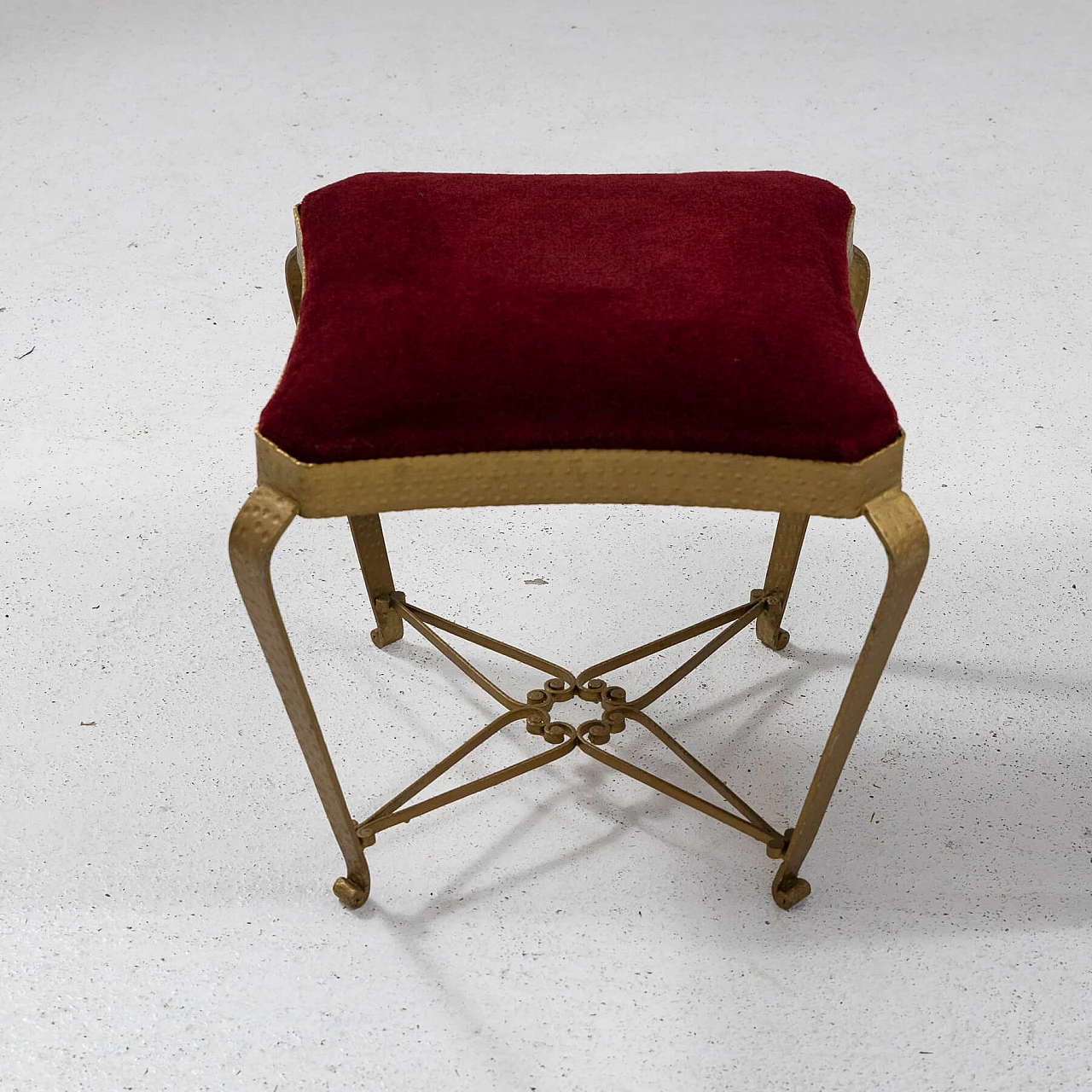 Pair of gilded metal and red velvet poufs by Pier Luigi Colli, 1950s 6