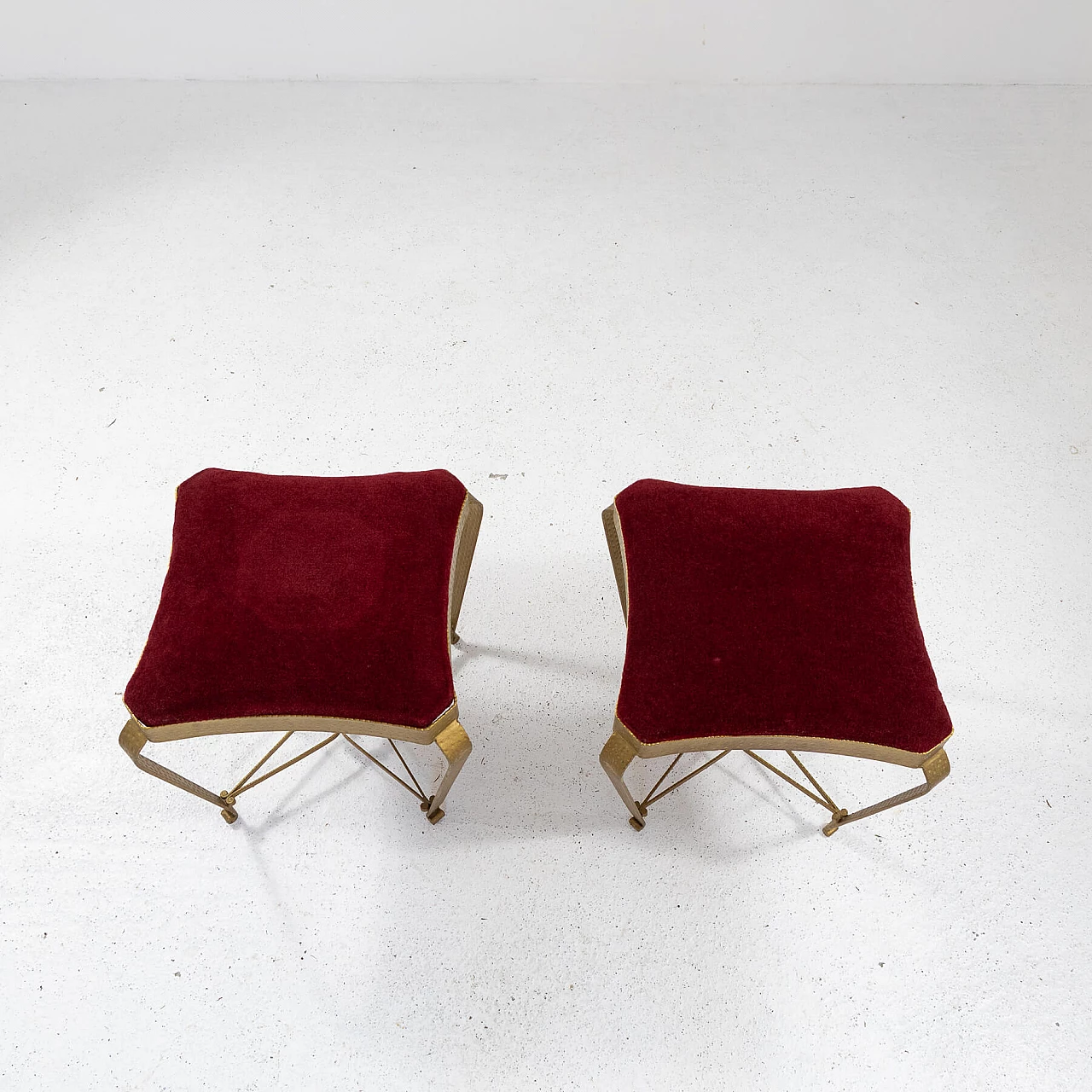 Pair of gilded metal and red velvet poufs by Pier Luigi Colli, 1950s 7