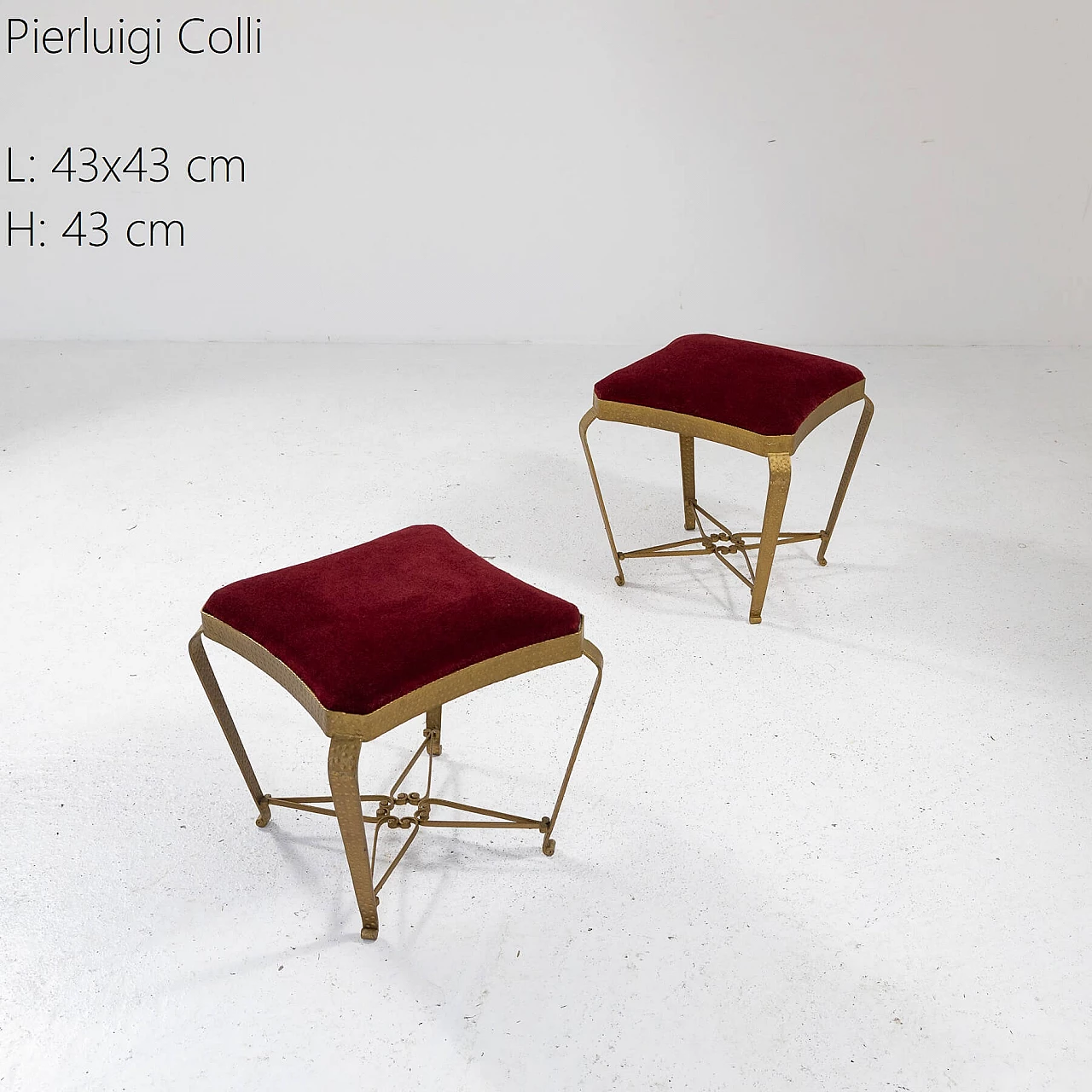 Pair of gilded metal and red velvet poufs by Pier Luigi Colli, 1950s 8