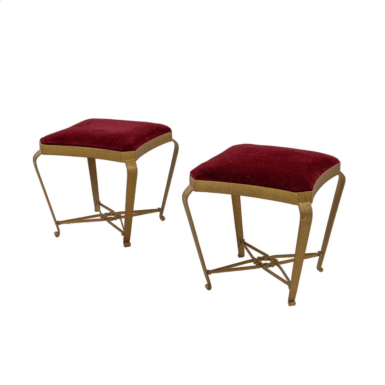 Pair of gilded metal and red velvet poufs by Pier Luigi Colli, 1950s 10