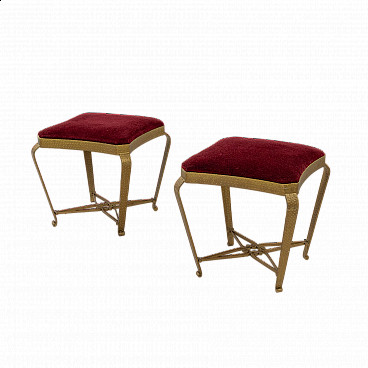Pair of gilded metal and red velvet poufs by Pier Luigi Colli, 1950s