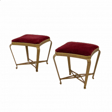 Pair of gilded metal and red velvet poufs by Pier Luigi Colli, 1950s