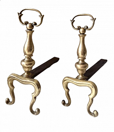 Coppia di alari per camino in ottone, anni '60