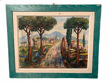 Viale alberato, dipinto a olio su tela, anni '40