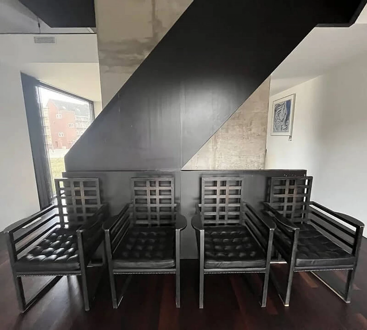 4 Armloffel chairs in black wood and black leather by Josef Hoffmann for Wittman, 1960s 1