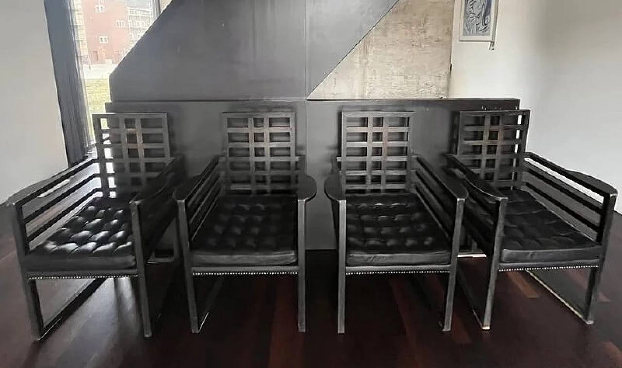 4 Armloffel chairs in black wood and black leather by Josef Hoffmann for Wittman, 1960s 2