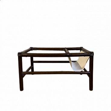Tavolino in bambù con portariviste in tessuto, e piano in vetro, anni '70