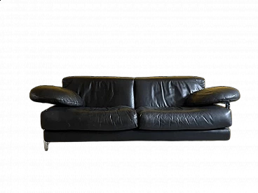 Black leather Arca sofa with pair of glass coffee tables by Paolo Piva for B&B Italia, 1980s