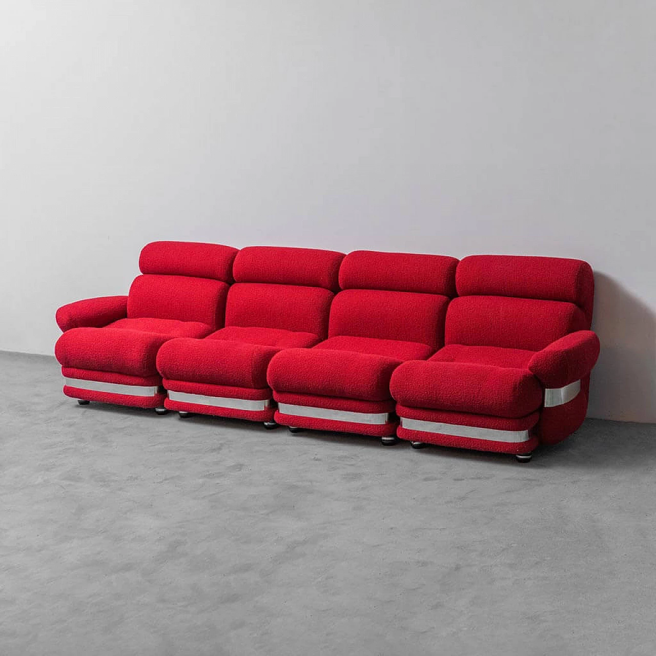 4-seater modular sofa in red fabric, 1970s 1