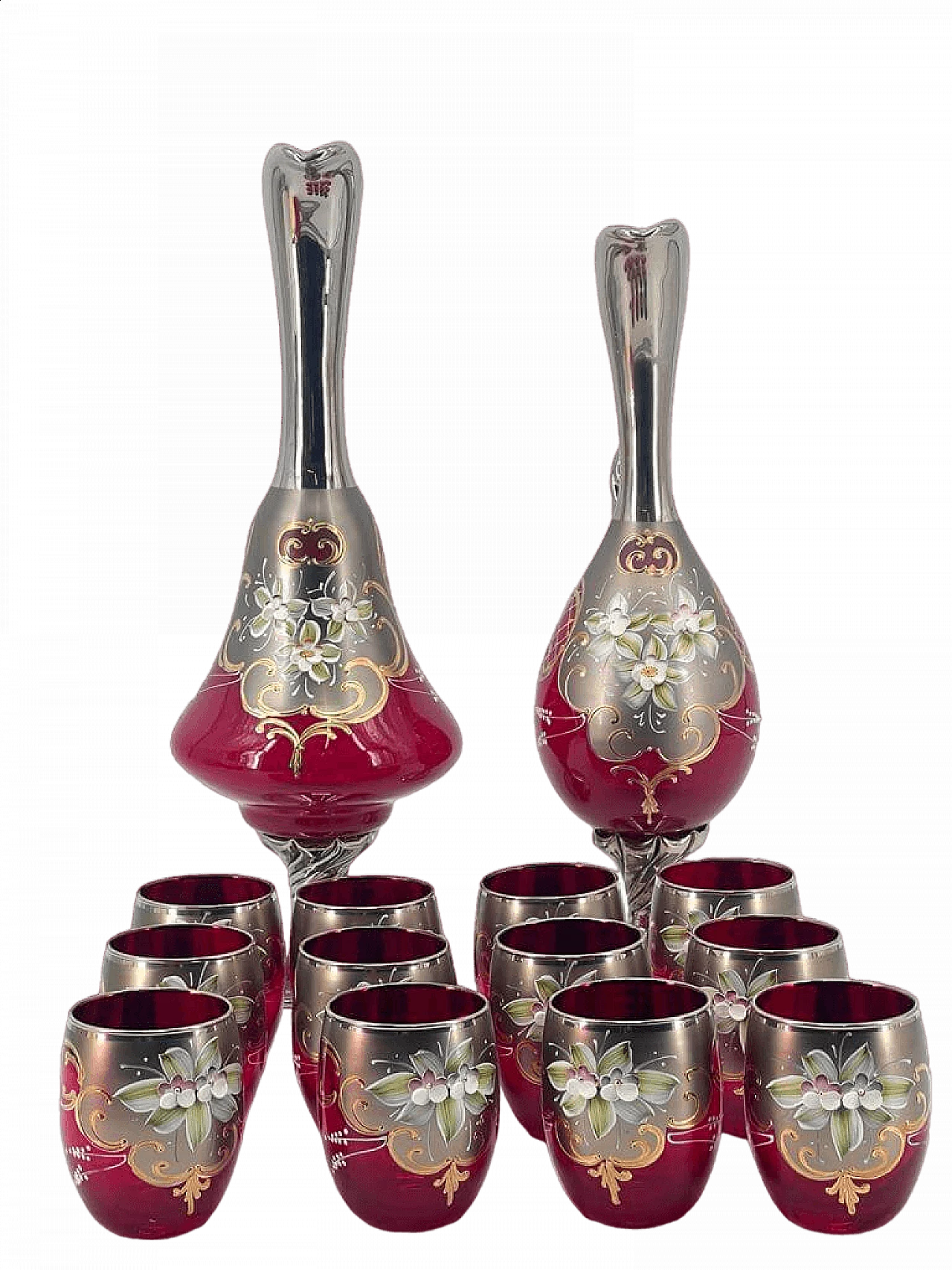 12 Bicchieri e coppia di decanter in vetro di Murano, anni '50 10
