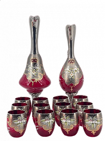 12 Bicchieri e coppia di decanter in vetro di Murano, anni '50