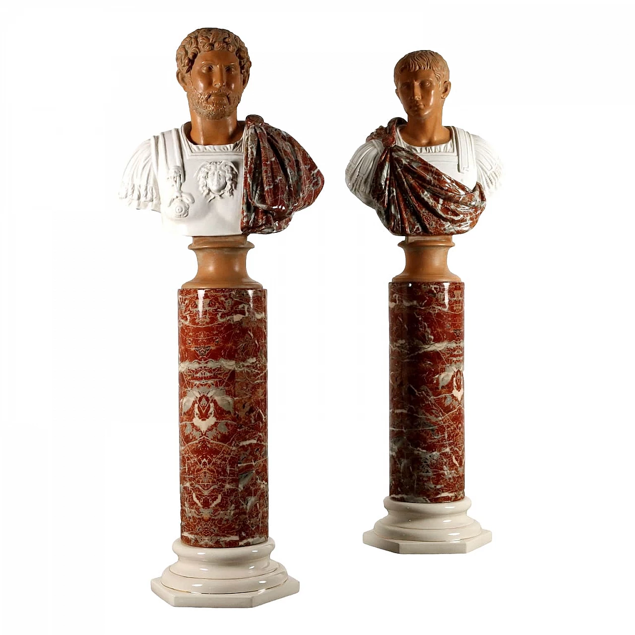 Coppia di busti di imperatori romani su colonne in ceramica di Tommaso Barbi, anni '70 1
