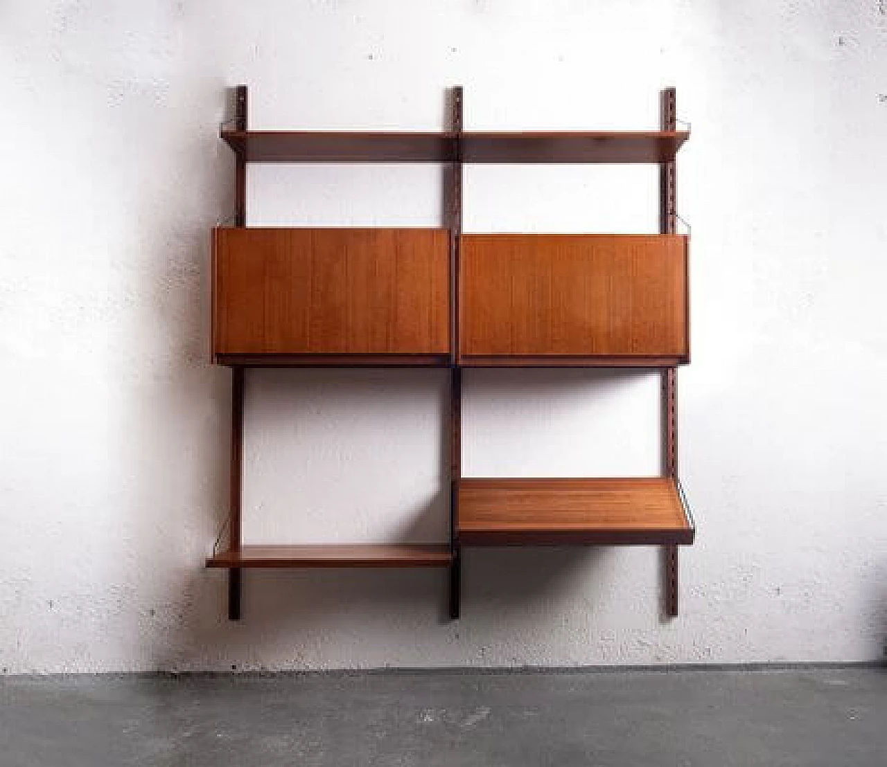 Wall-mounted teak and brass bookcase, 1960s 1