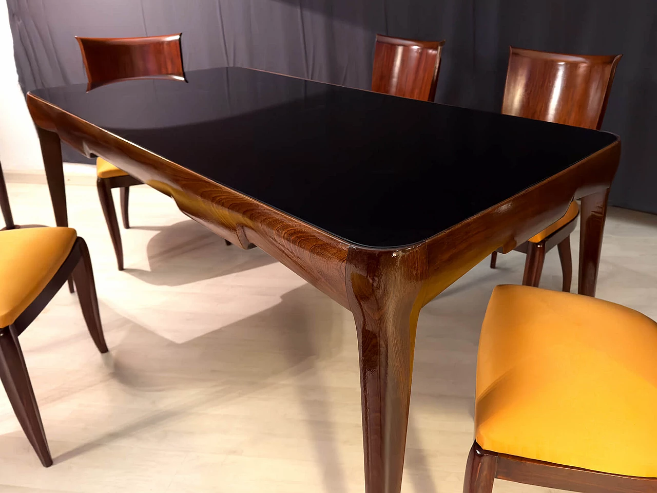 Walnut and black glass table in the style of Gio Ponti, 1950s 18