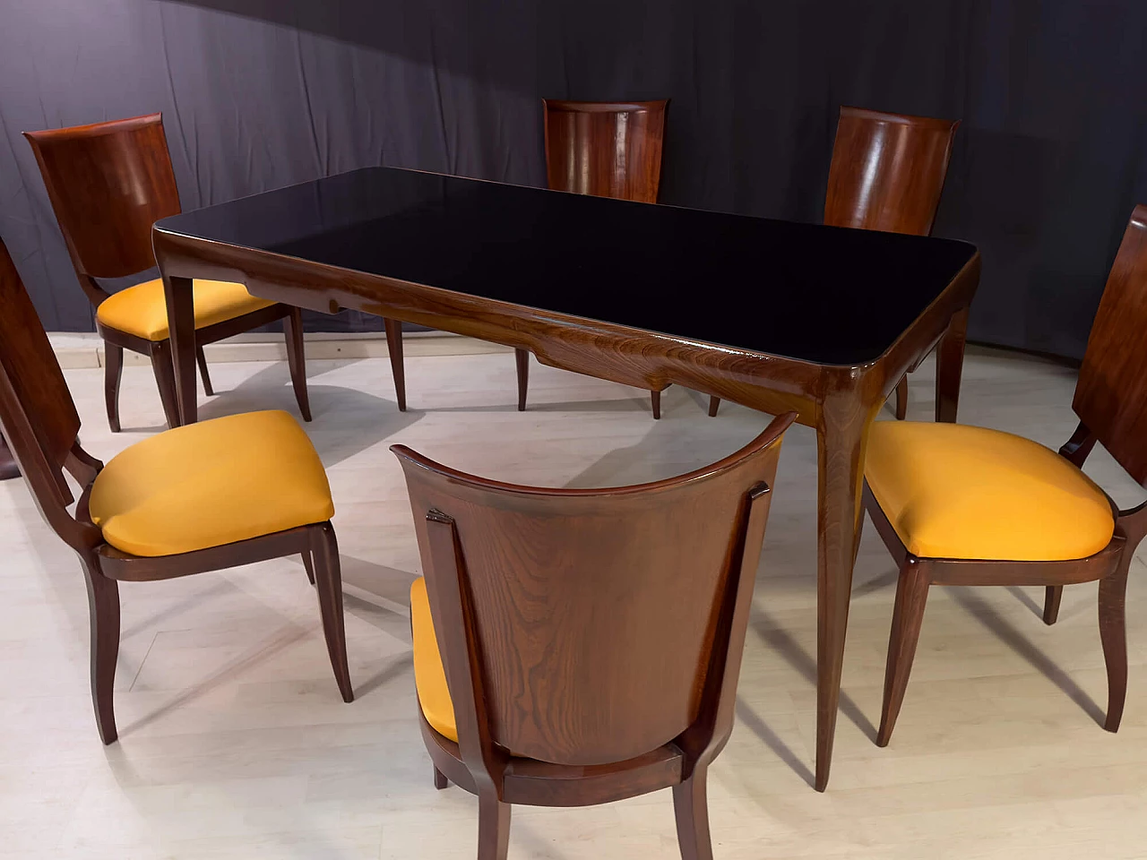 Walnut and black glass table in the style of Gio Ponti, 1950s 20