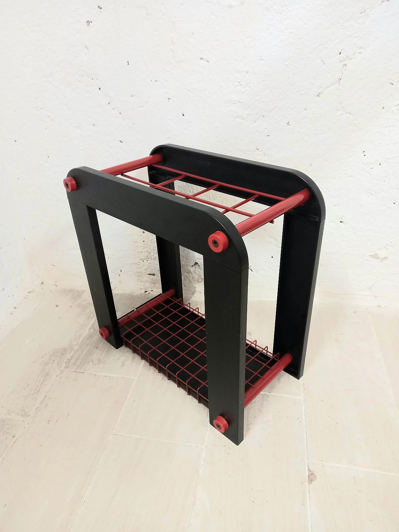 Red and black metal and plastic umbrella stand, 1980s 1