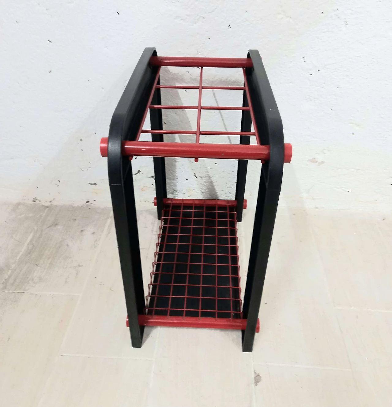 Red and black metal and plastic umbrella stand, 1980s 2