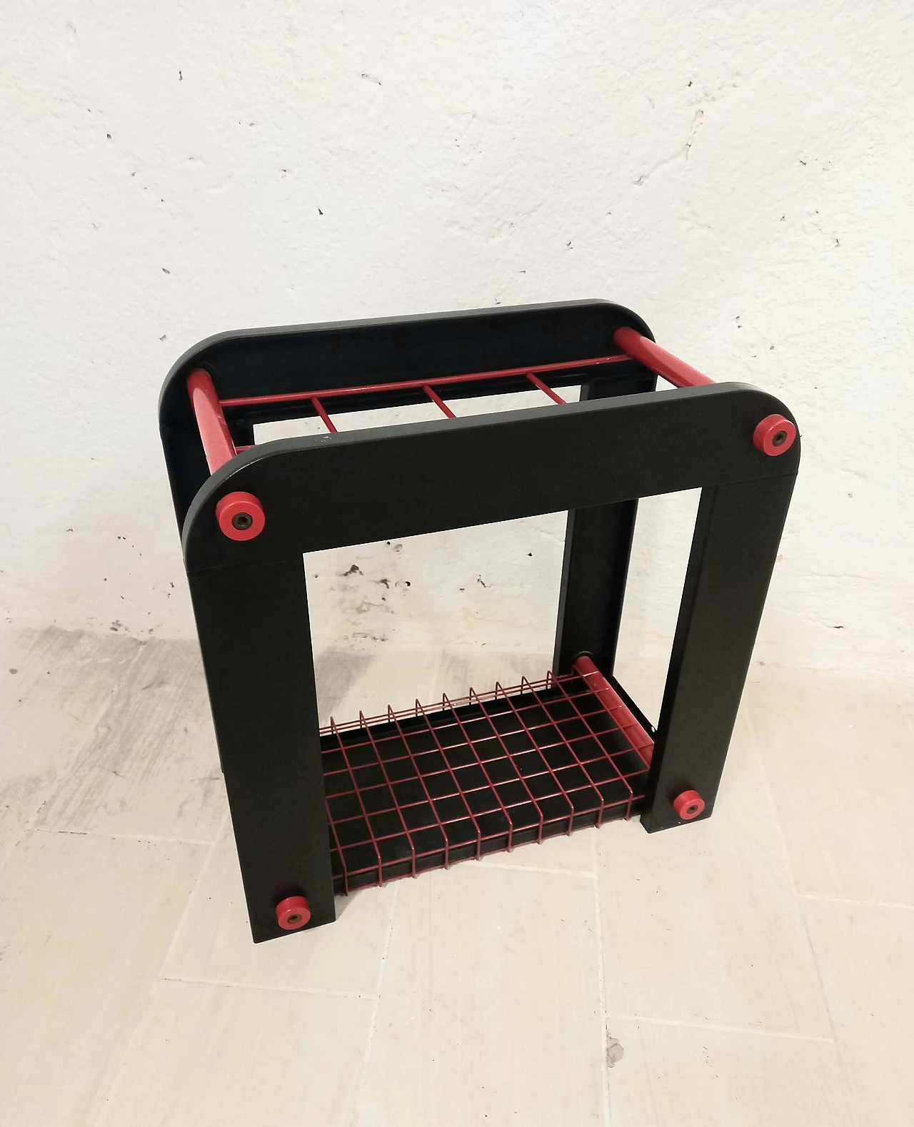 Red and black metal and plastic umbrella stand, 1980s 3