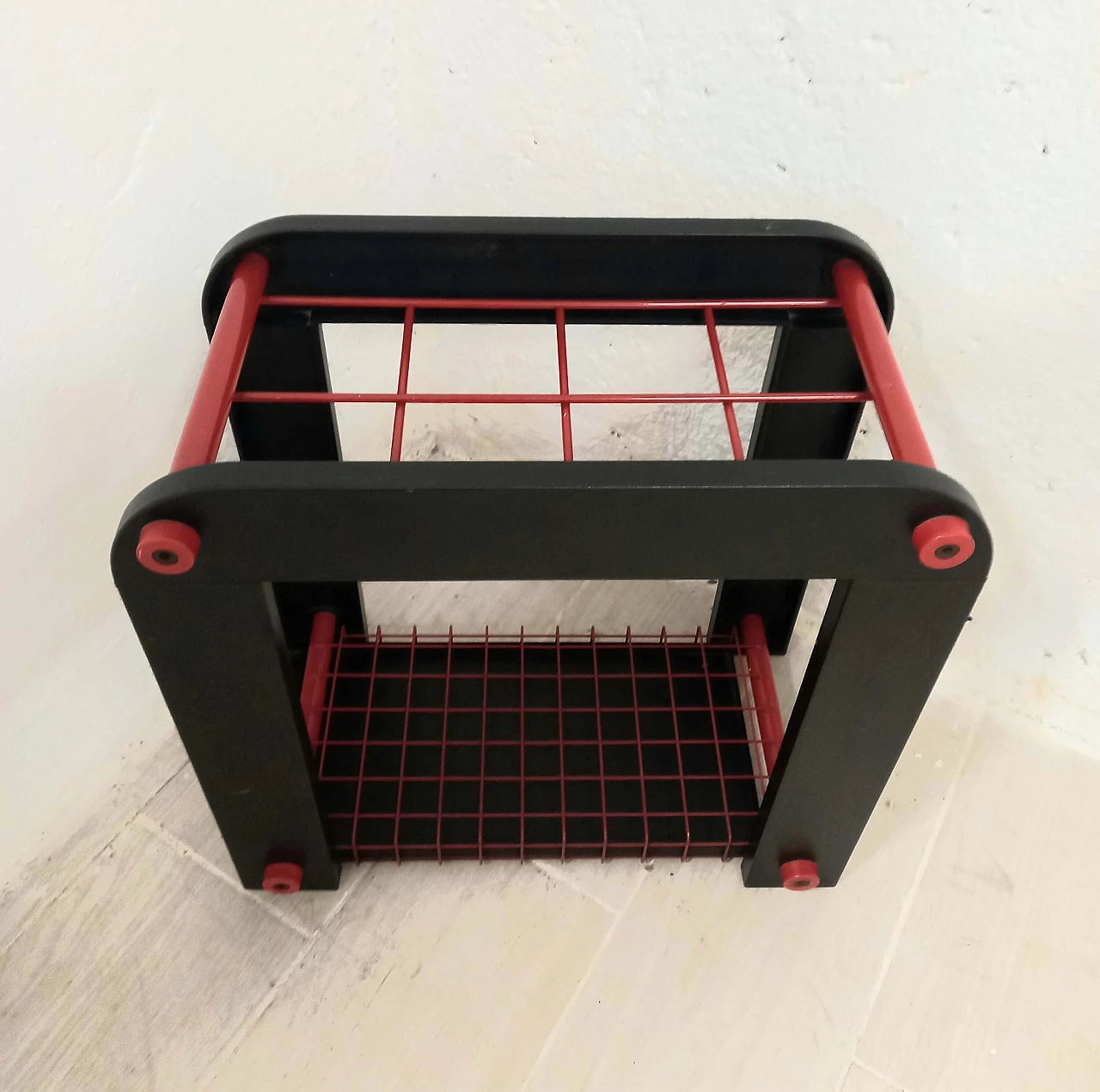 Red and black metal and plastic umbrella stand, 1980s 4
