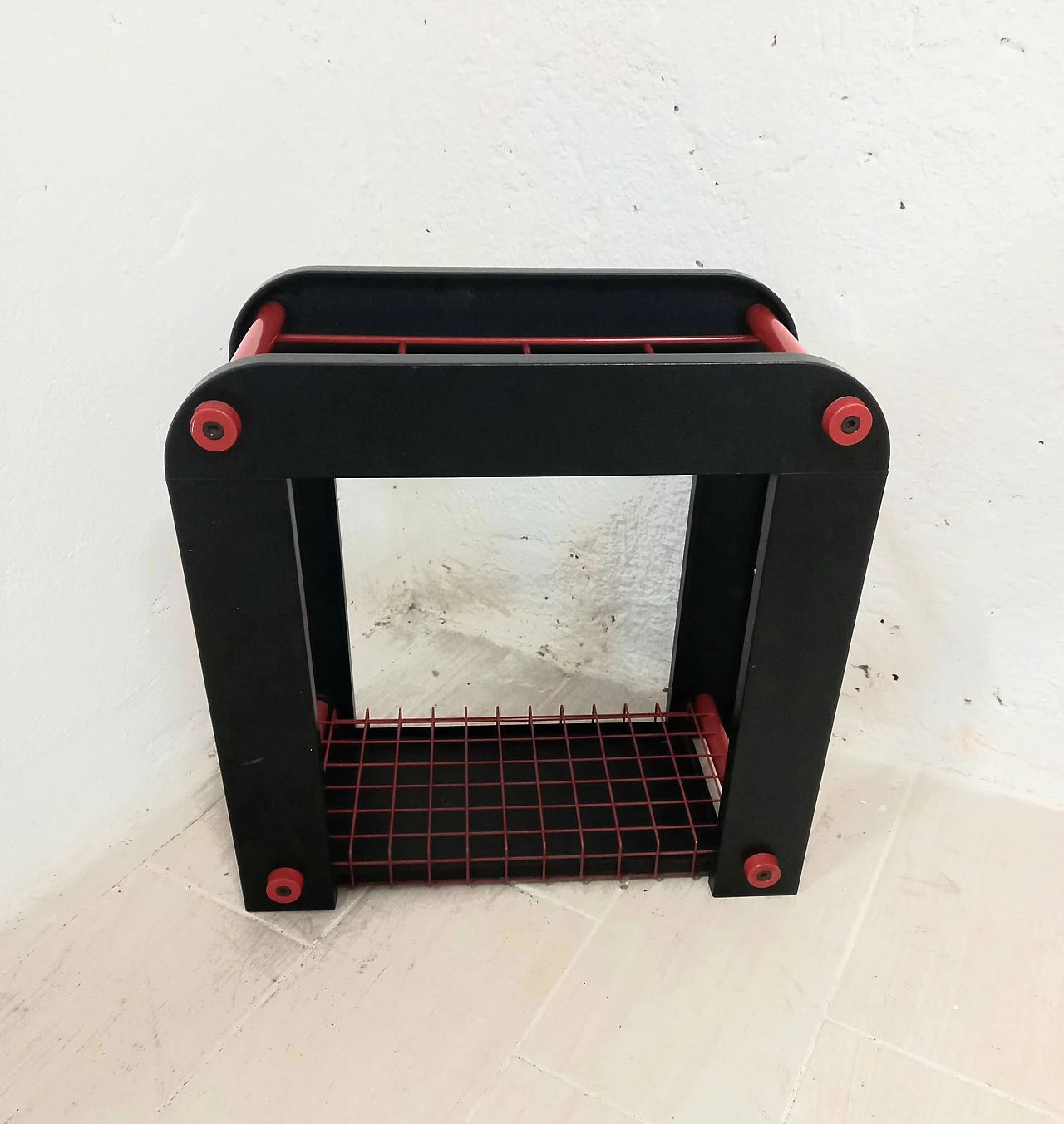 Red and black metal and plastic umbrella stand, 1980s 6