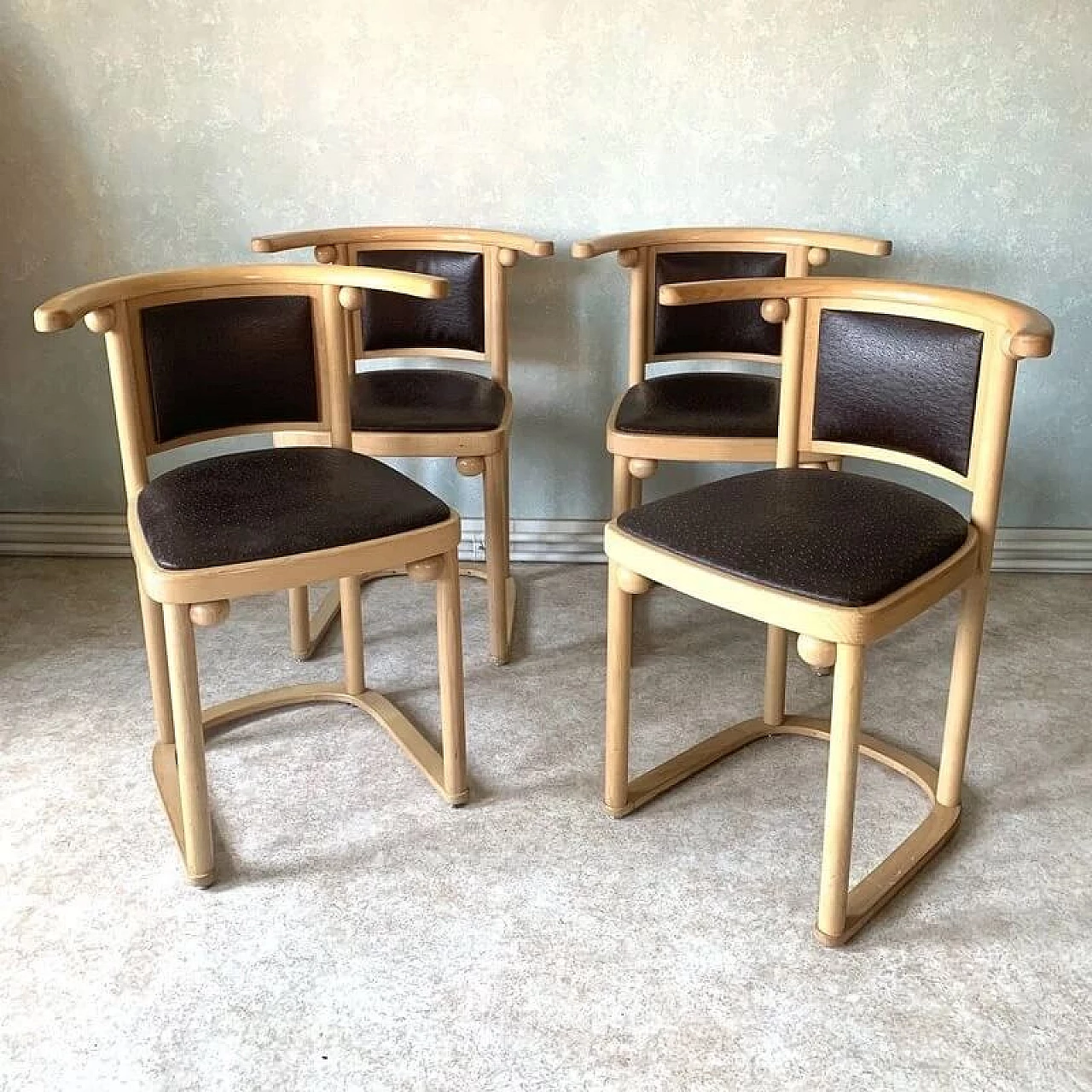 4 Fledermaus wood and brown leather chairs by Josef Hoffmann for Alivar, 1980s 1
