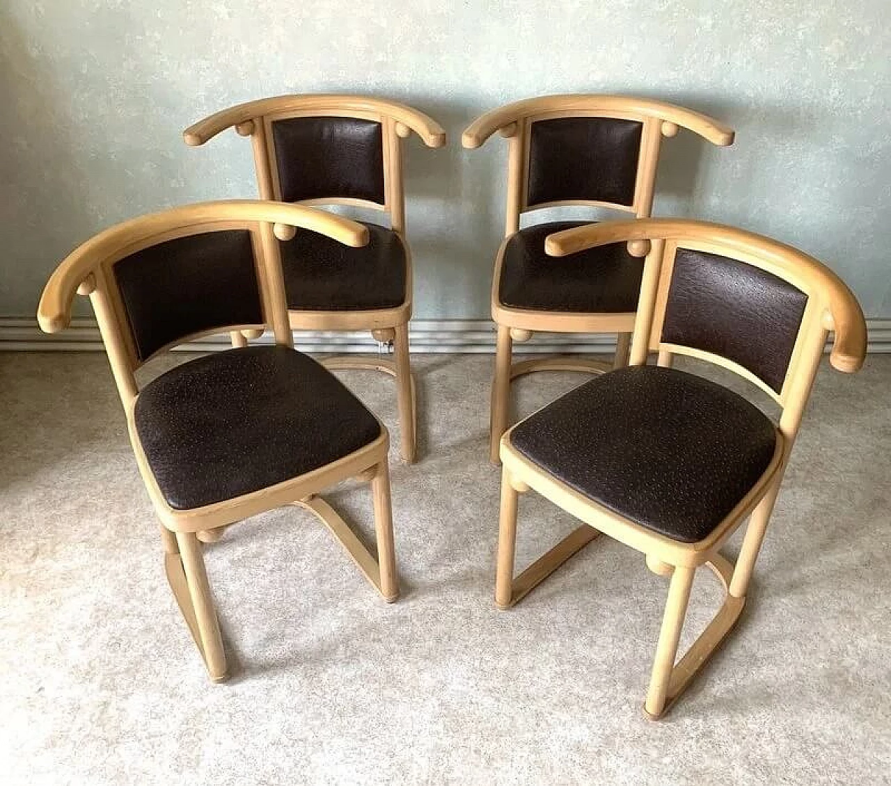 4 Fledermaus wood and brown leather chairs by Josef Hoffmann for Alivar, 1980s 2
