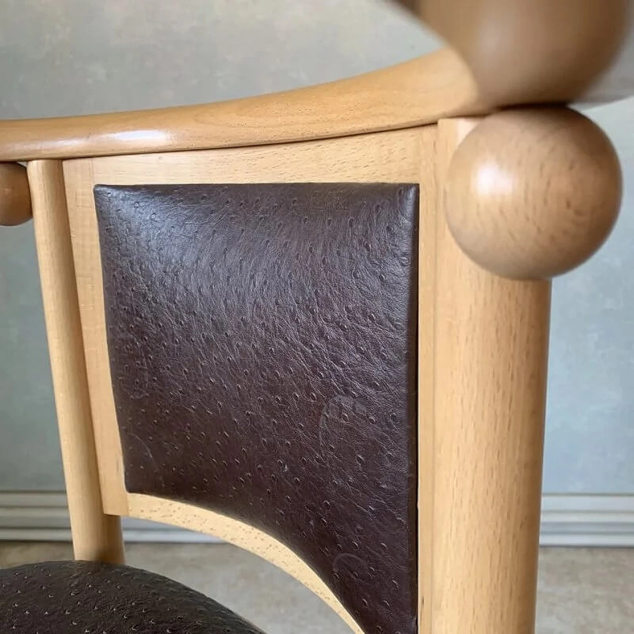 4 Fledermaus wood and brown leather chairs by Josef Hoffmann for Alivar, 1980s 6