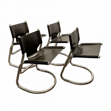 4 Chairs in dark brown leather and tubular steel, 1970s