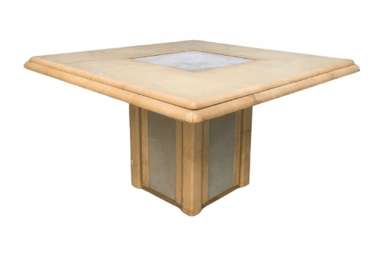 Art Deco parchment, elephant leather and brass table, 1950s 1