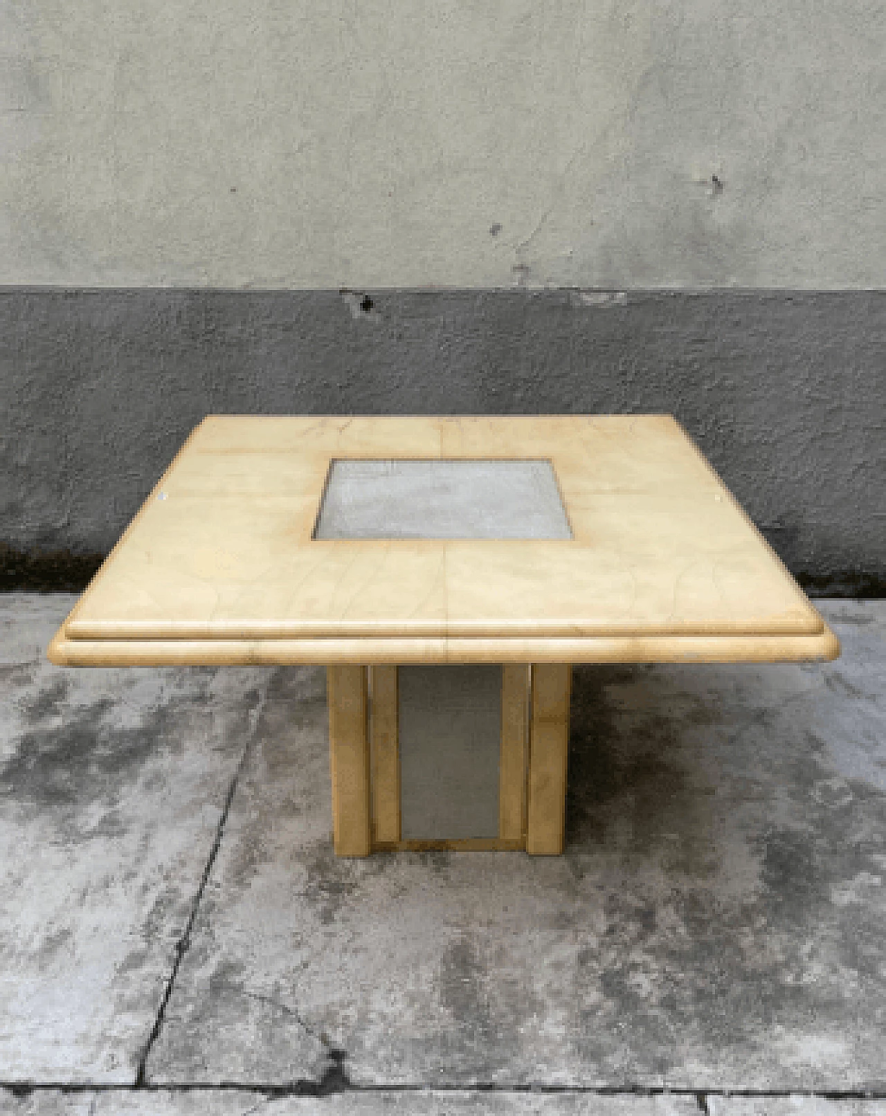 Art Deco parchment, elephant leather and brass table, 1950s 3