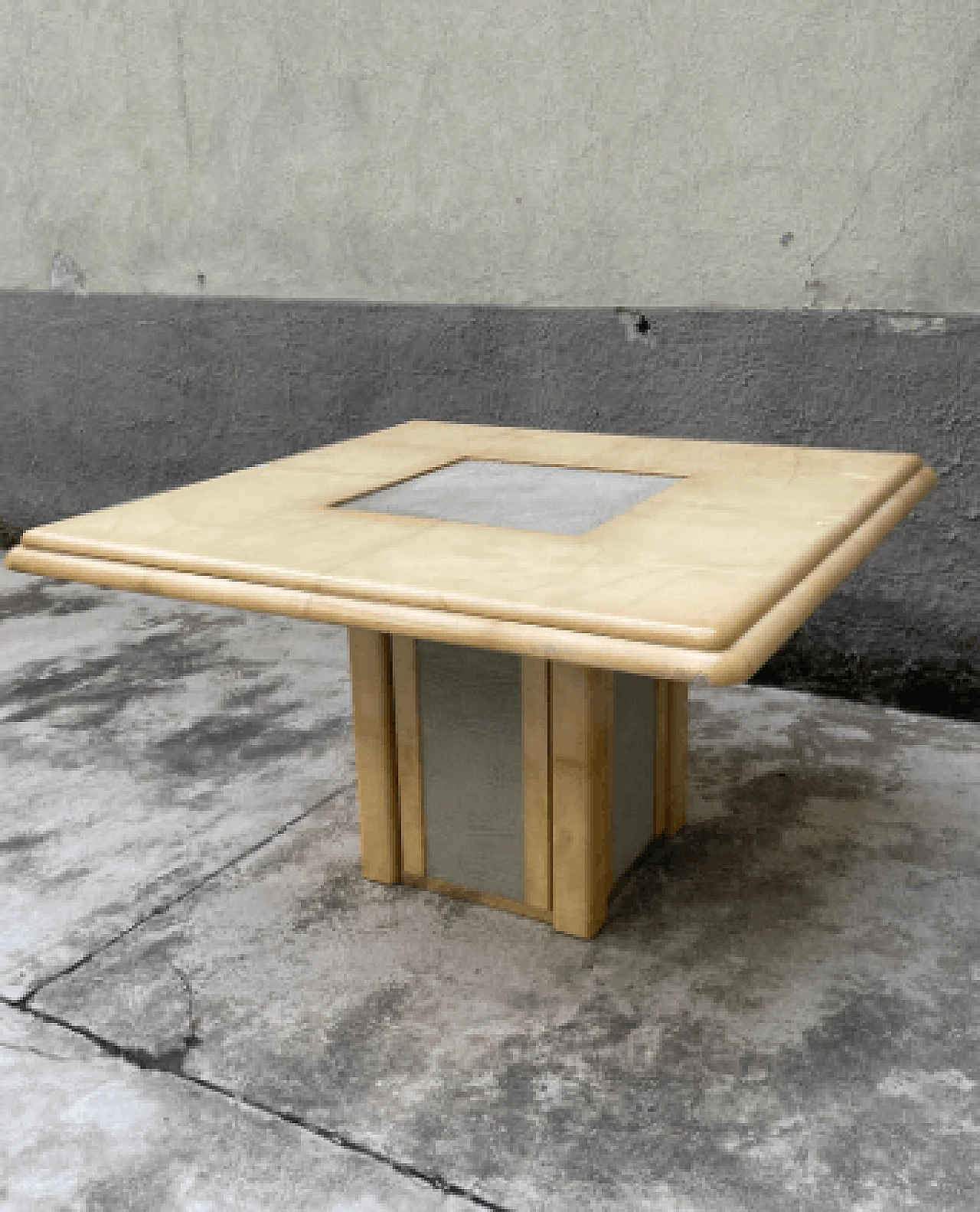 Art Deco parchment, elephant leather and brass table, 1950s 4