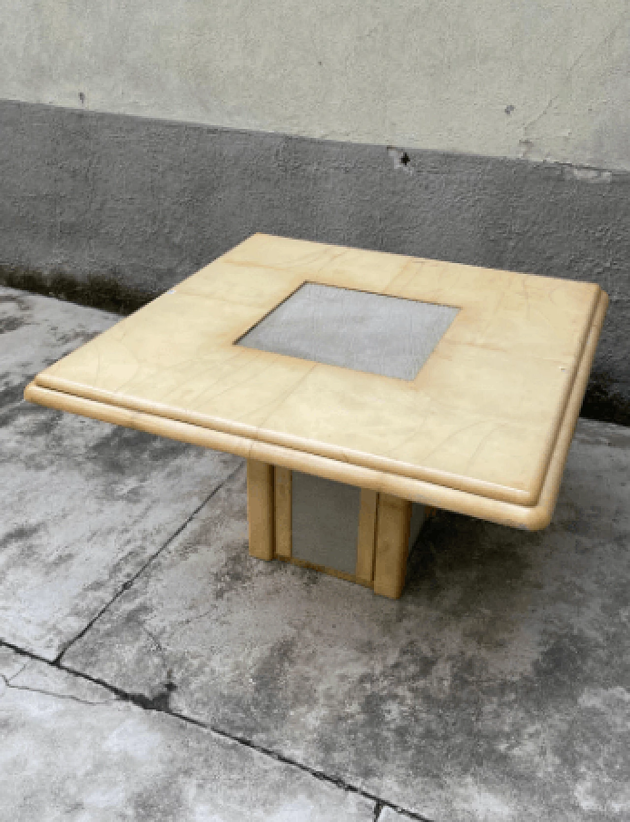 Art Deco parchment, elephant leather and brass table, 1950s 5