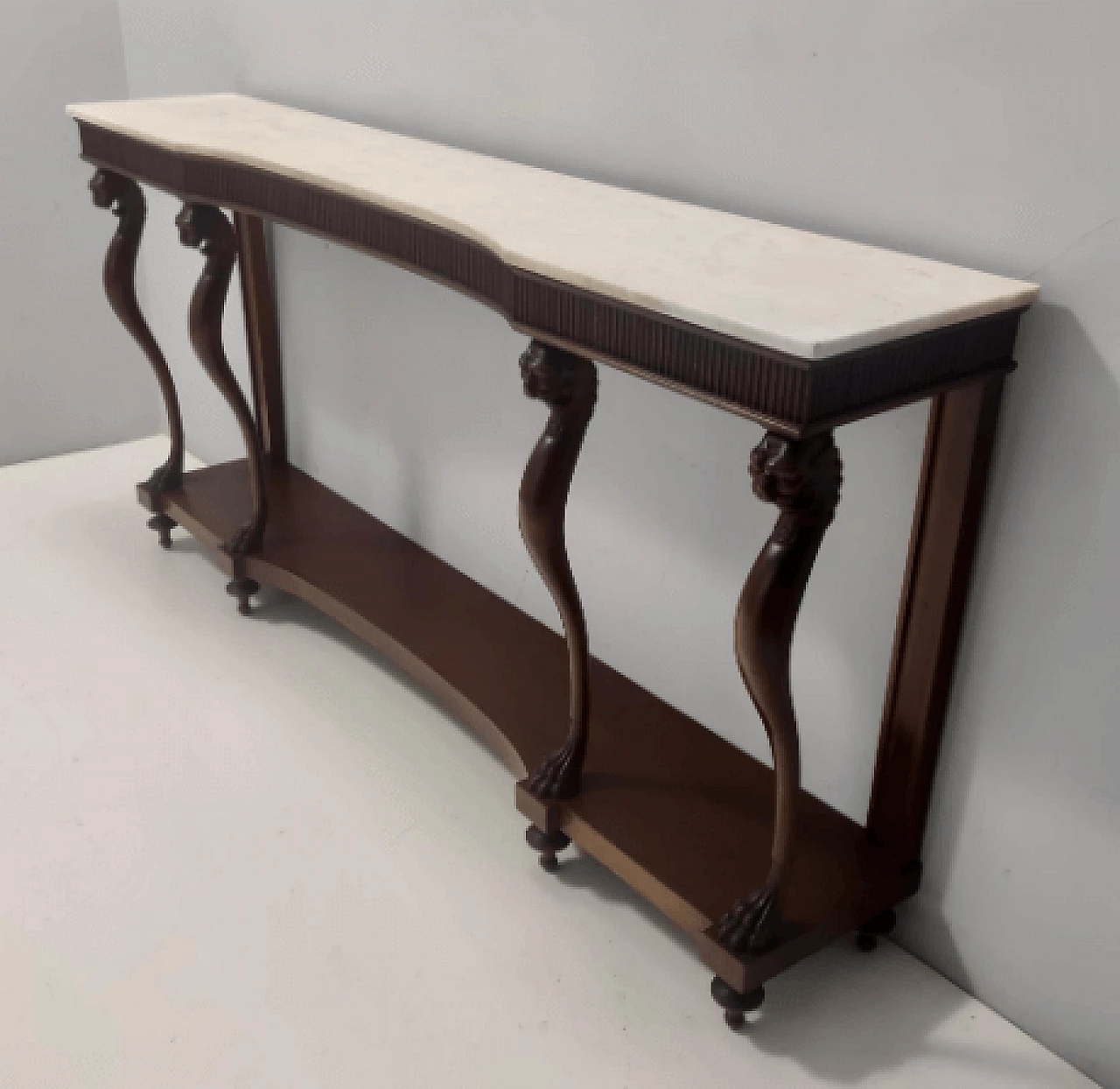 Consolle stile Neoclassico in noce, faggio e marmo di Carrara, anni '50 6