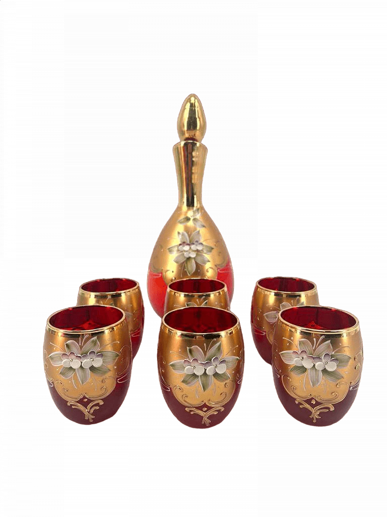 6 Bicchieri e decanter tre fuochi Murano, anni '40 11