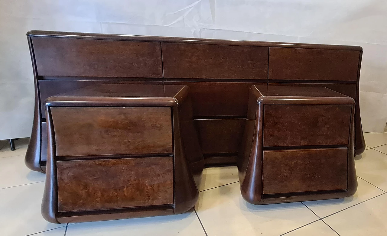 Pair of Frank walnut bedside tables and chest of drawers by Luciano Frigerio, 1970s 1