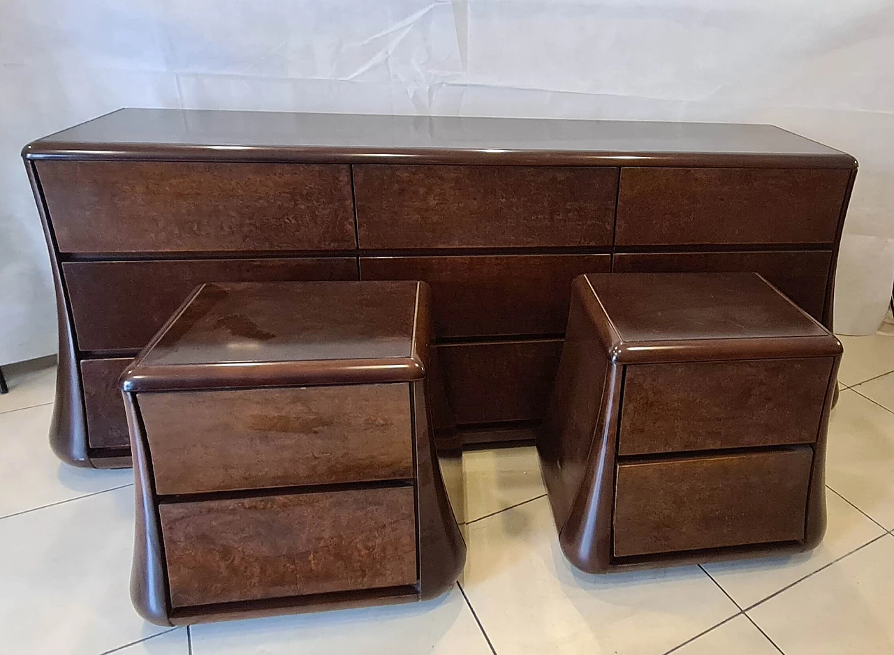 Pair of Frank walnut bedside tables and chest of drawers by Luciano Frigerio, 1970s 2