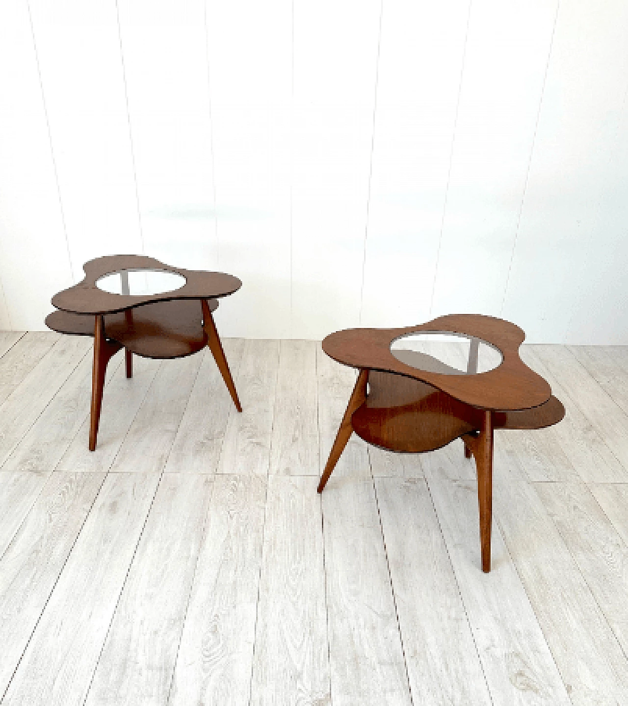 Pair of flower-shaped wood and glass coffee tables, 1950s 1