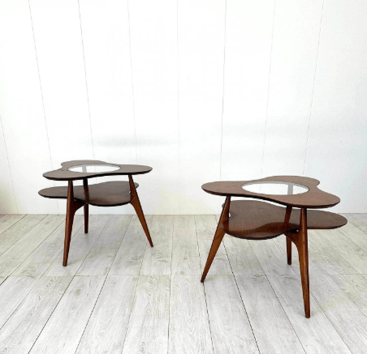 Pair of flower-shaped wood and glass coffee tables, 1950s 2
