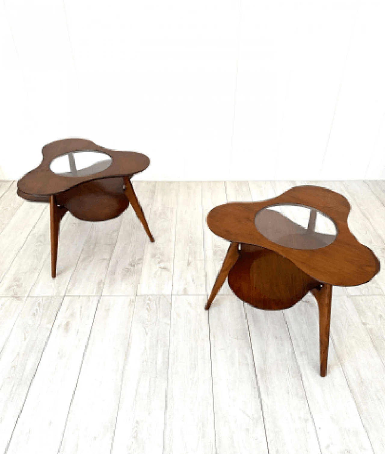 Pair of flower-shaped wood and glass coffee tables, 1950s 5
