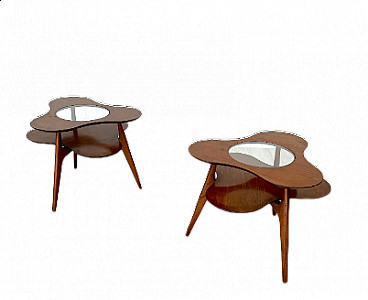 Coppia di tavolini a forma di fiore in legno e vetro, anni '50