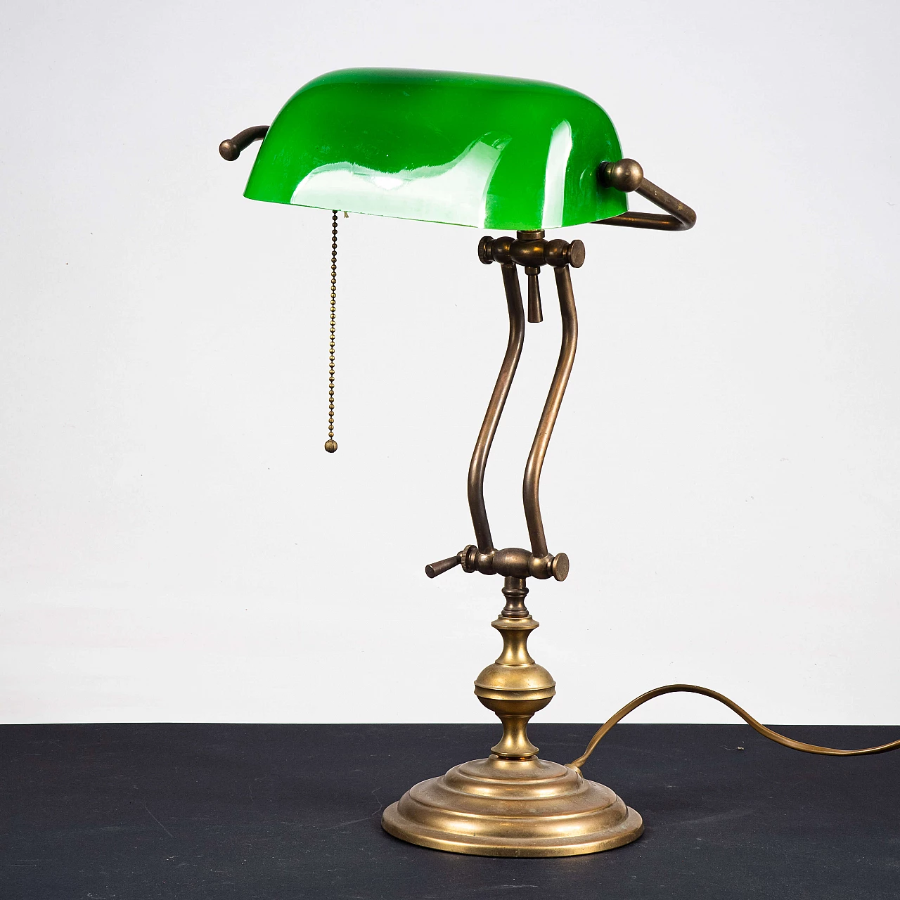 Brass and green opaline glass banker's lamp, 1950s 3