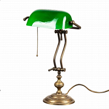 Lampada ministeriale in ottone e vetro opalino verde, anni '50