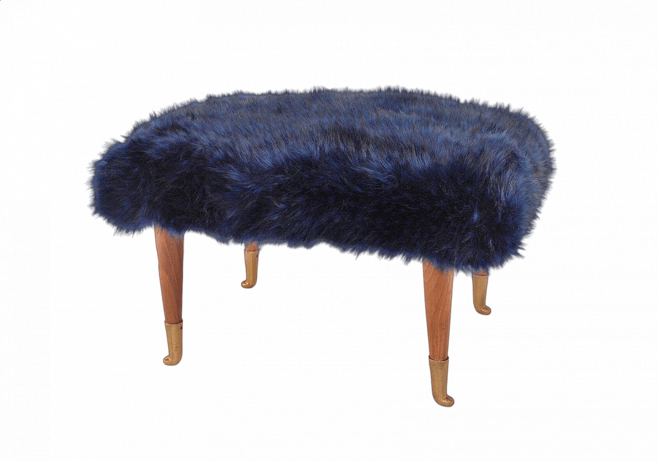 Footstool in blue faux fur, 1940s 6