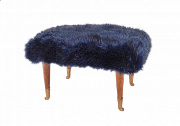 Footstool in blue faux fur, 1940s
